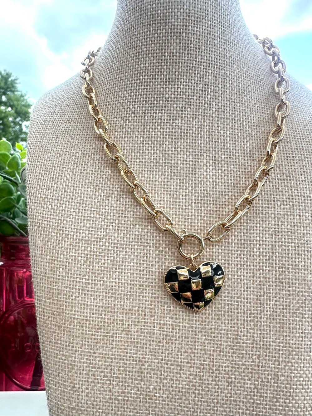 Gold Chain Necklace with Black & Gold Heart Pendant - Women's Jewelry